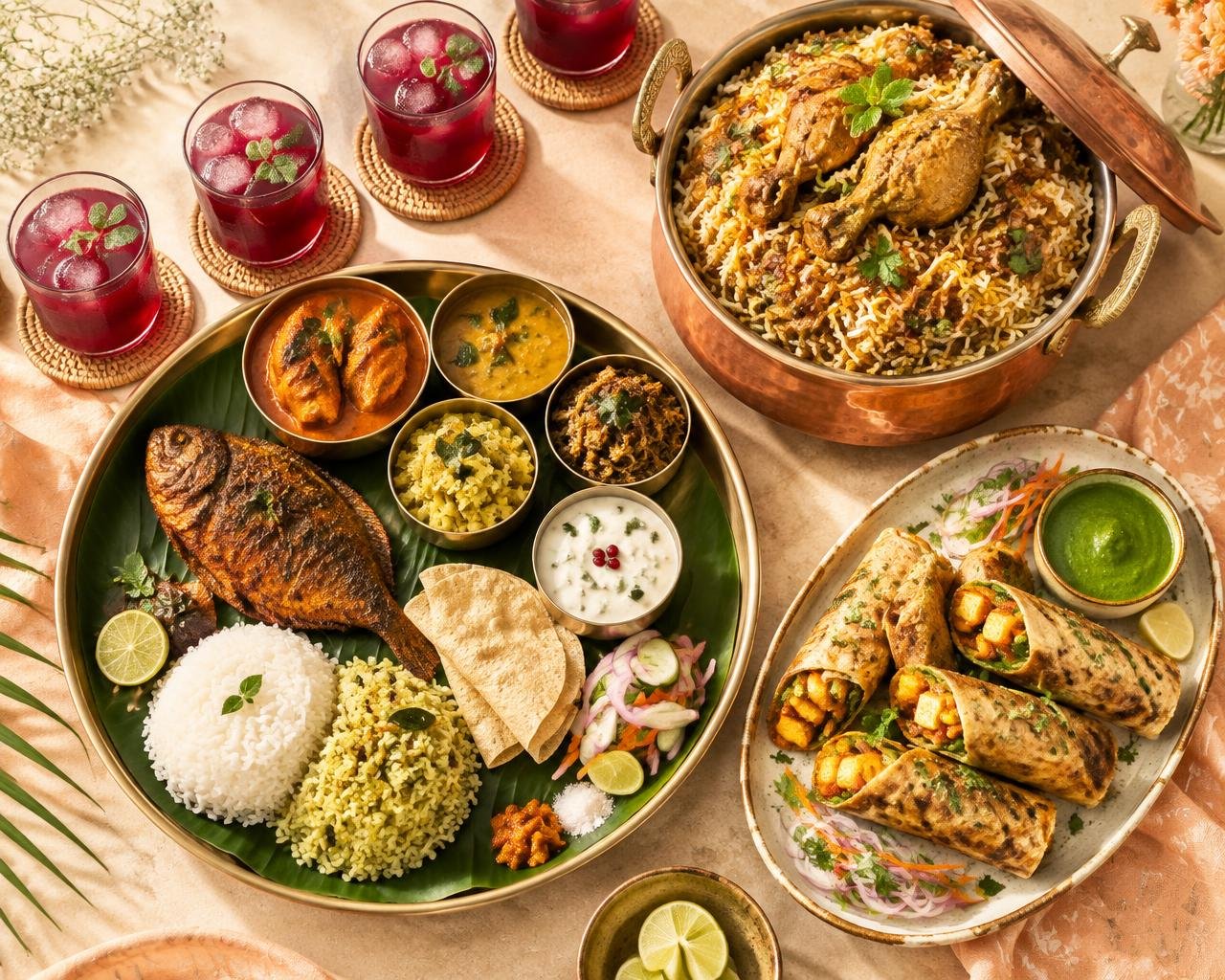 A generous village spread with fish thali, biryani, rolls and kokum sherbet